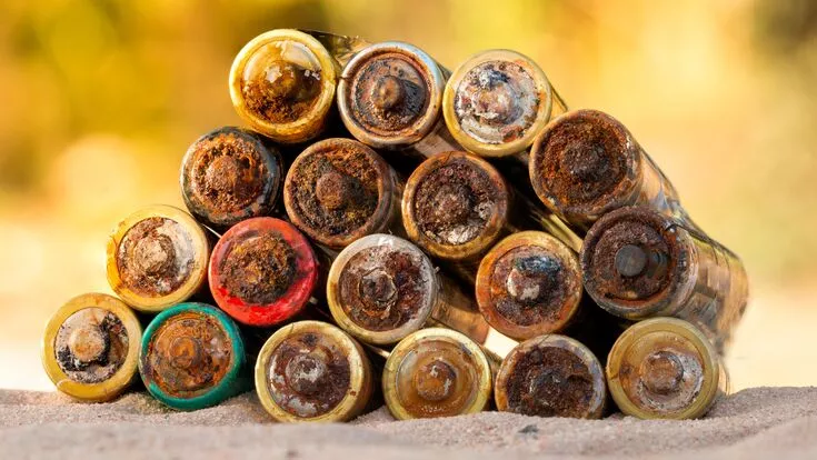 A group of used batteries positioned on the sand, raising awareness about hazardous waste in coastal areas.