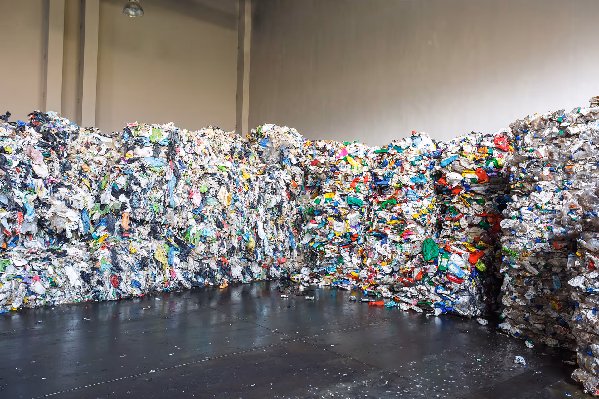 Plastic bales in a waste processing plant.