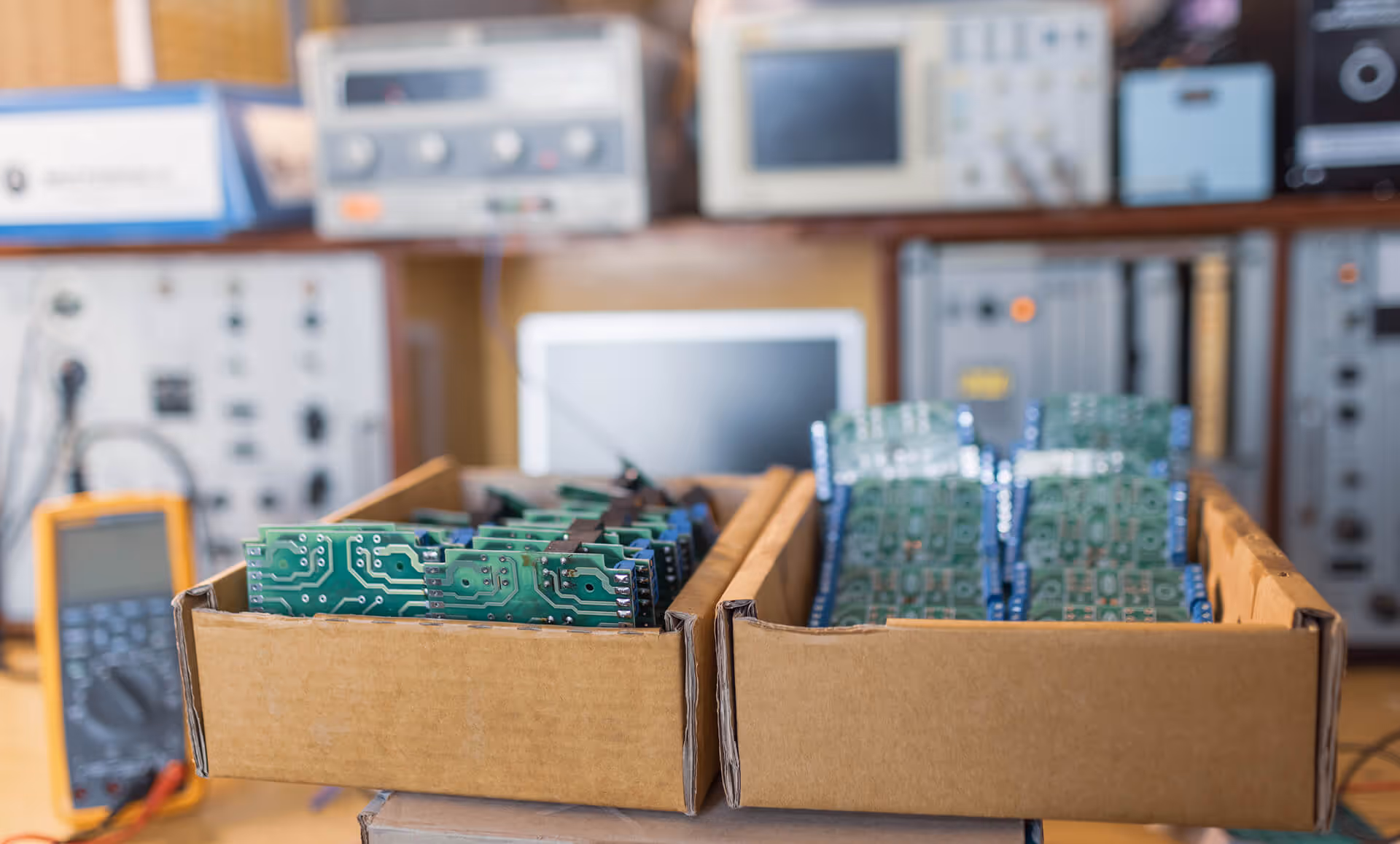 Two cardboard boxes filled with green embedded microcircuits on a workbench in an electronics laboratory.
