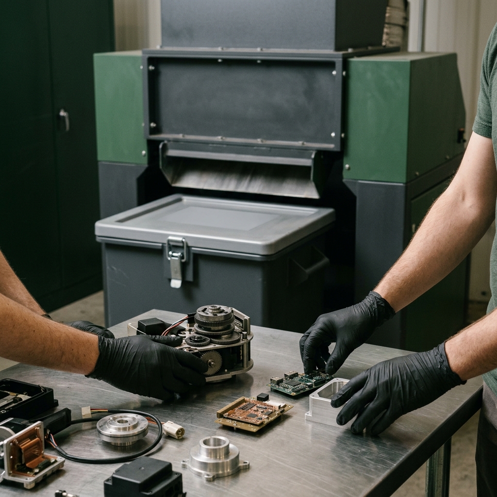 Technician handling electronic prototypes at secure industrial destruction equipment