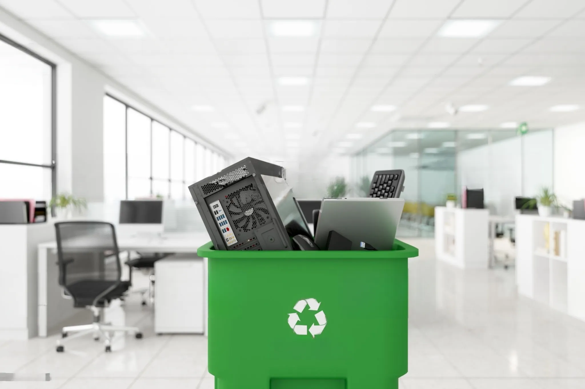 A green recycling bin featuring a computer, illustrating the need for proper e-waste recycling practices.