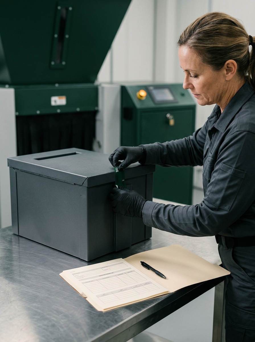 Professional applying a tamper-evident seal to a secure document container in an audited destruction facility