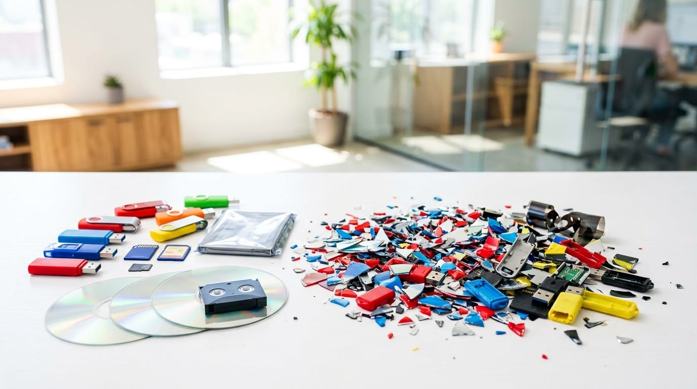 Mixed electronic media and shredded components prepared for controlled processing