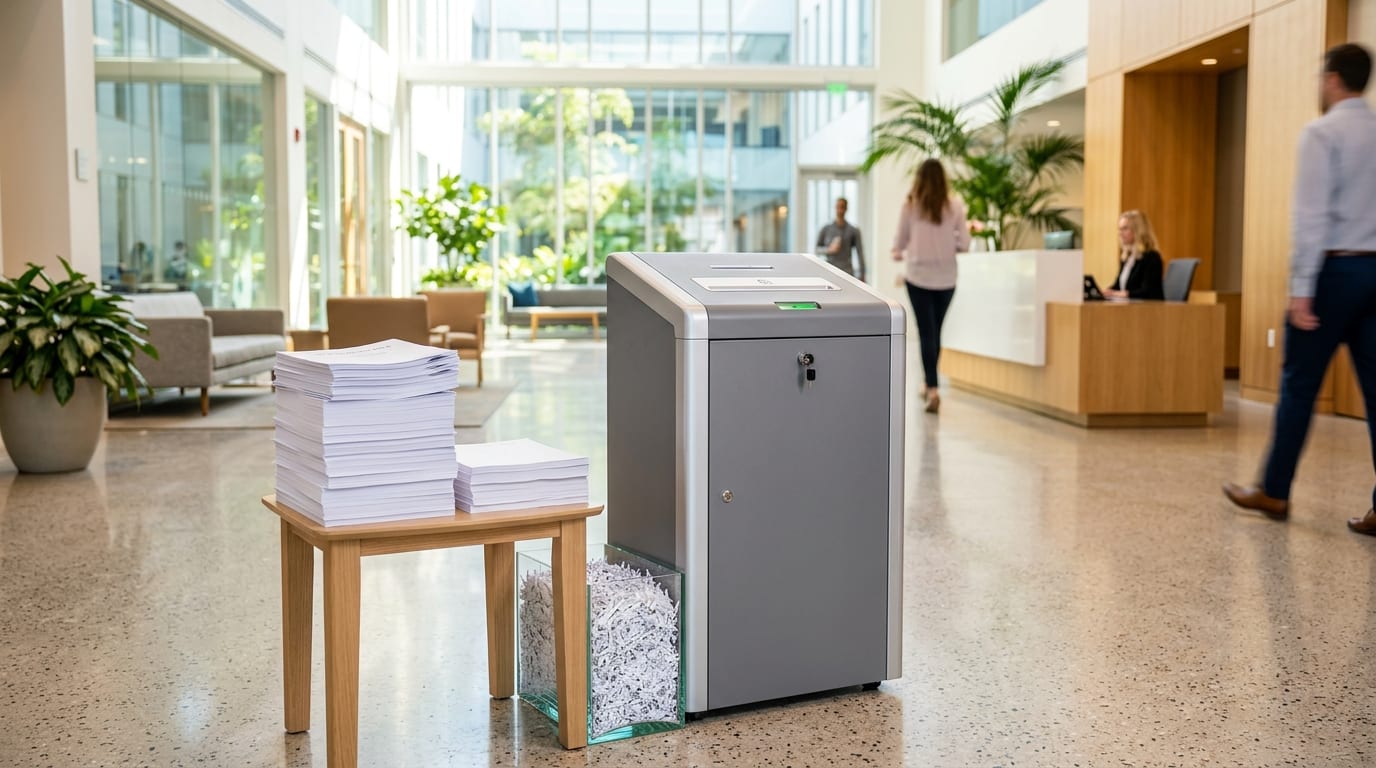 Commercial paper shredder beside confidential documents