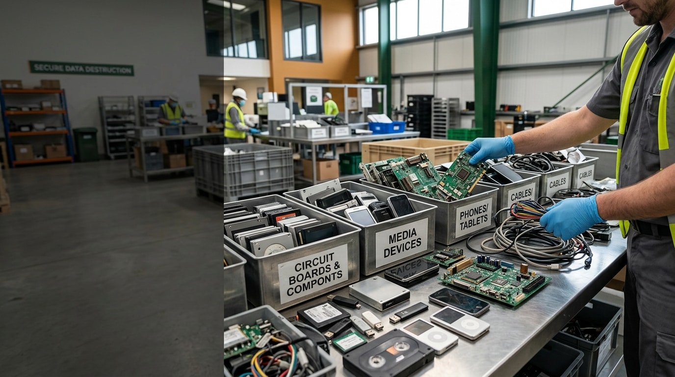 Electronic devices and components staged for secure destruction and responsible recycling.