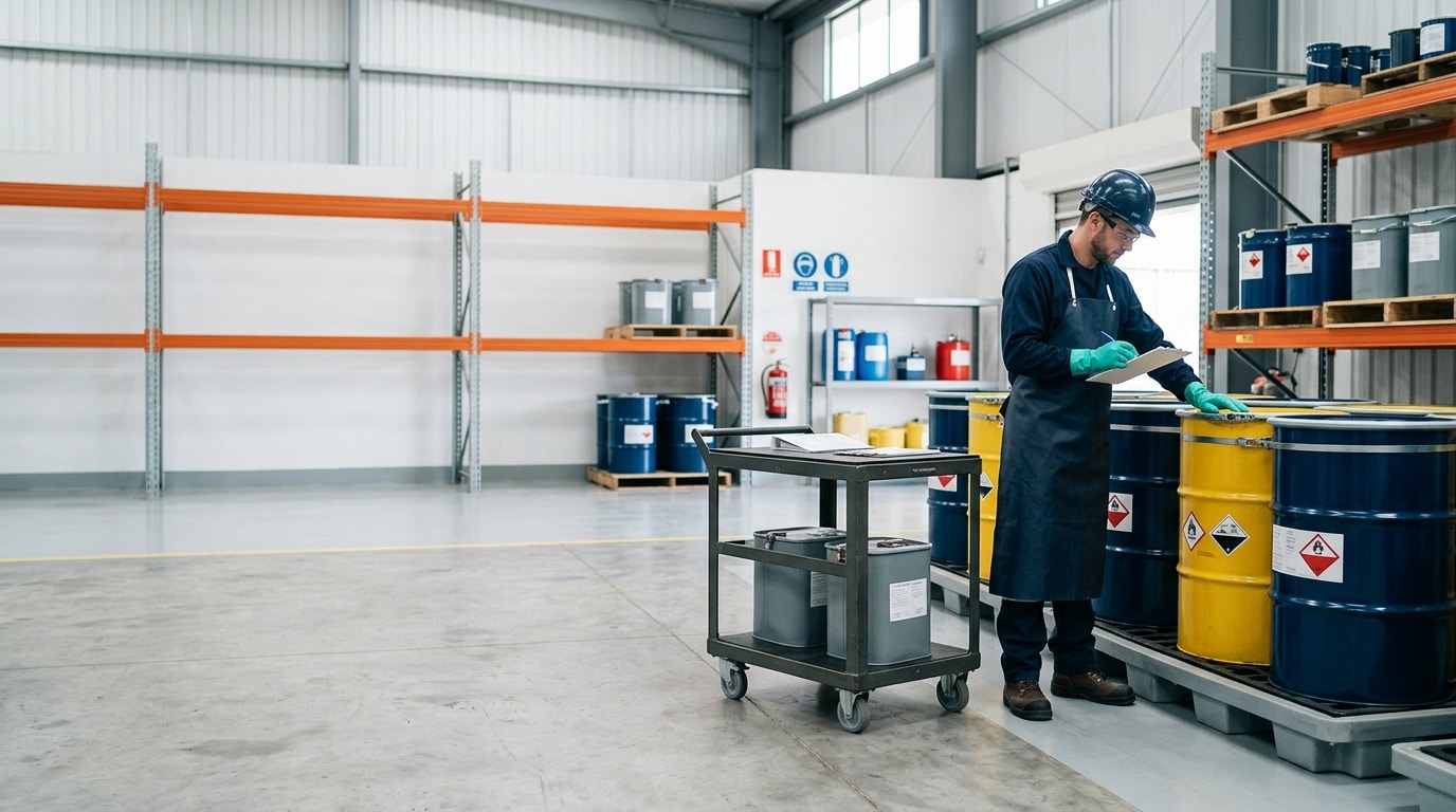 Workers handling secured containers in a controlled hazardous waste processing facility.