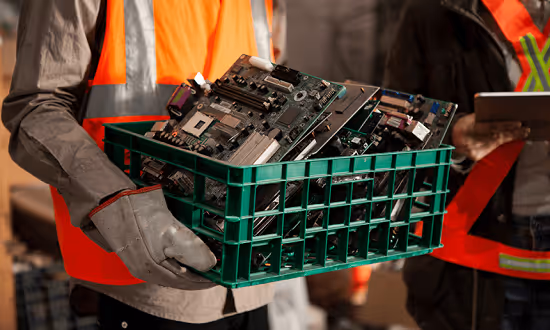 Person in orange safety vest and gloves carrying a green crate of circuit boards and e-waste in an industrial setting.